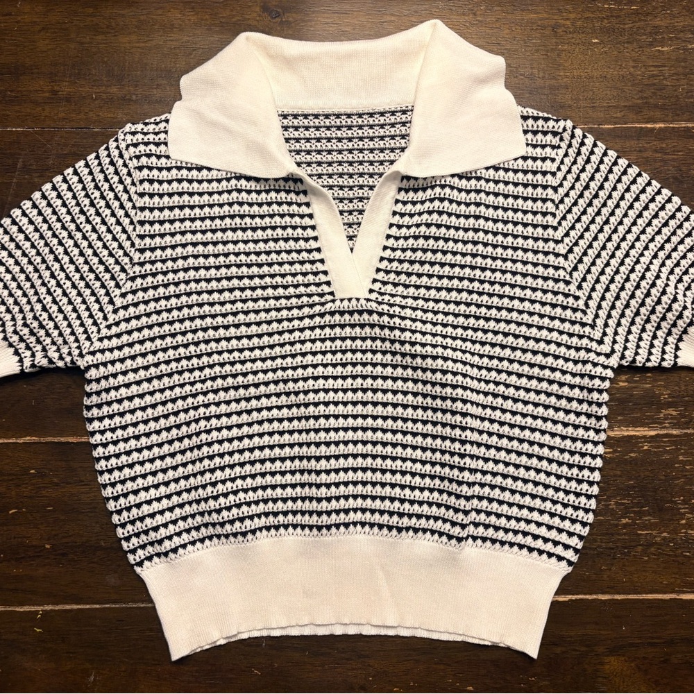 Black and White Striped Knit Polo Shirt